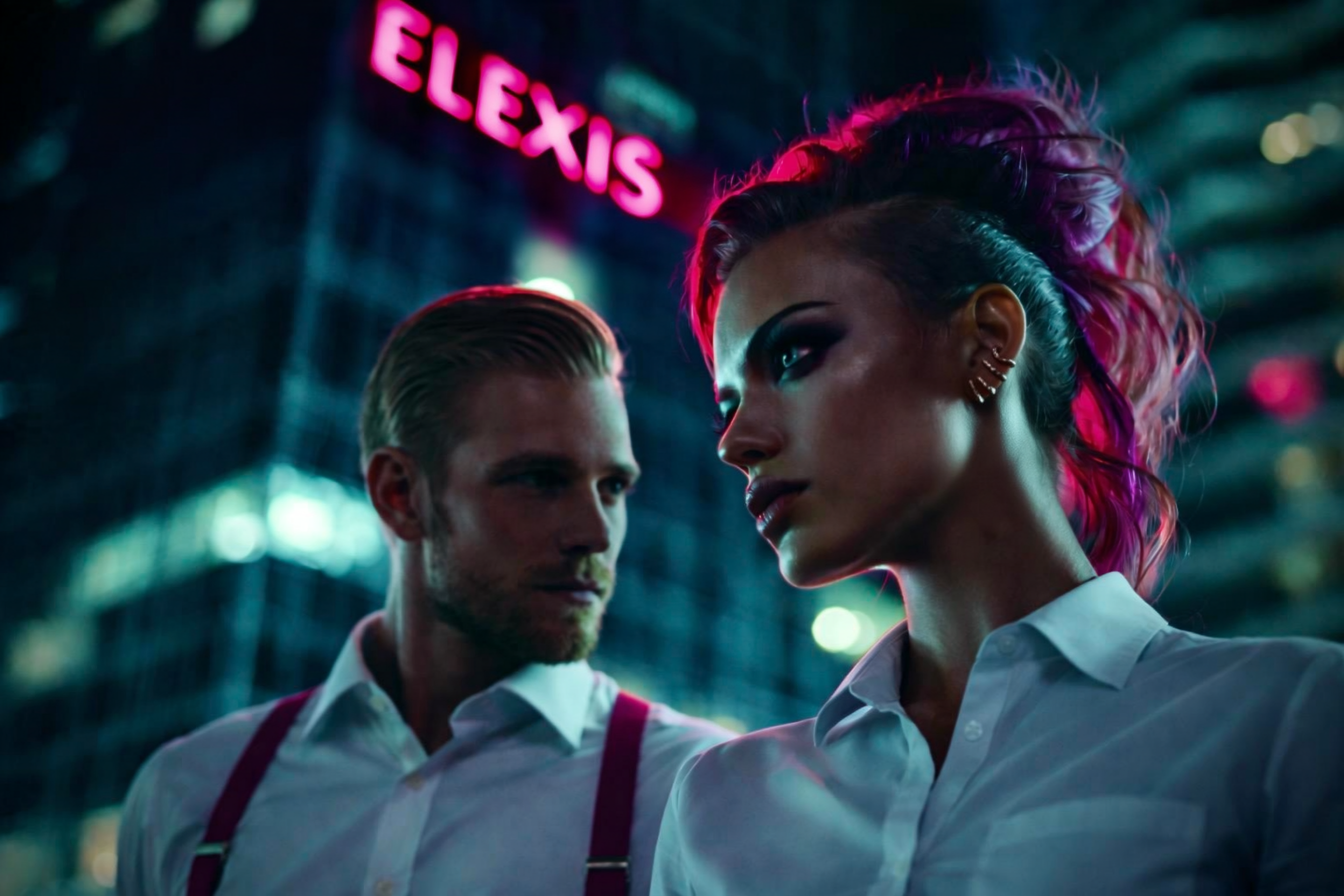 Two people in a neon-lit city beneath a hot pink ELEXIS sign